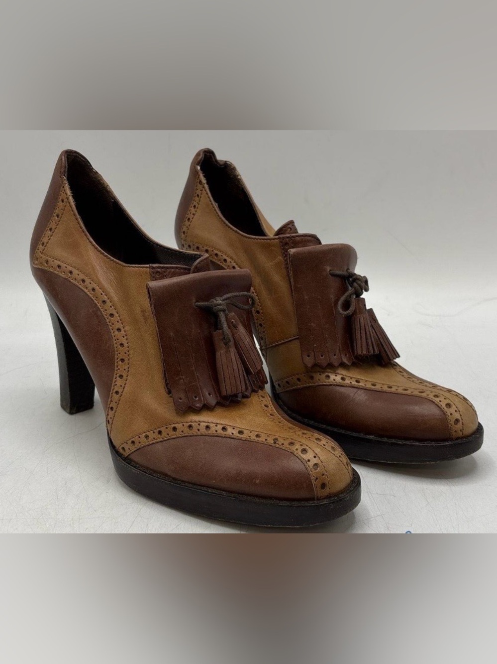 MaxMara Two-Tone Brown Leather Tassel Oxford Heels EU Size 37